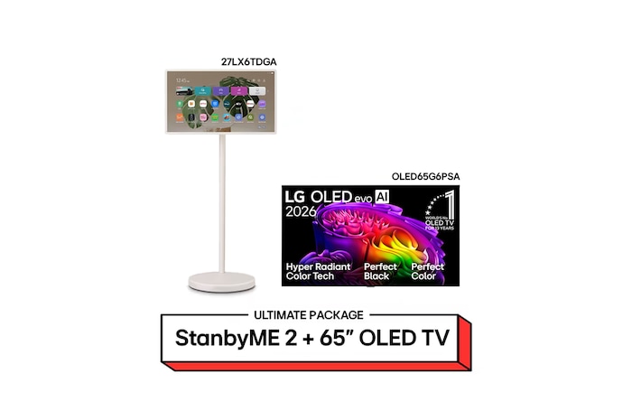 Tampilan depan LG OLED evo AI G6, dirilis tahun 2026, menampilkan gambar bentuk berlapis warna-warni, menghadirkan Teknologi Hyper Radiant Color, Perfect Black & Perfect Color, bersama dengan logo OLED TV No.1 di Dunia selama 13 Tahun.